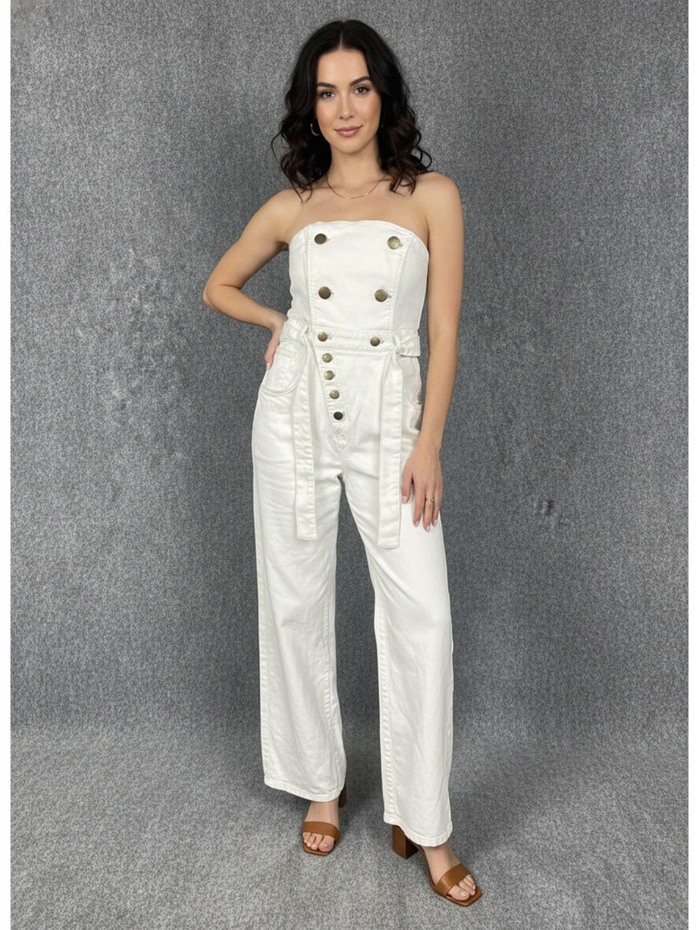 White Strapless Wide-Leg Jumpsuit with Button Detailing and
